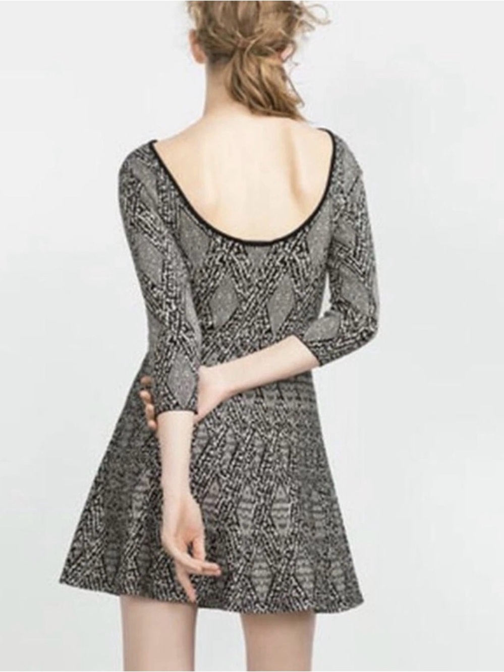 Zara | Black White Jacquard Geometric A Line Long Sleeve Knit Dress Stretchy XS